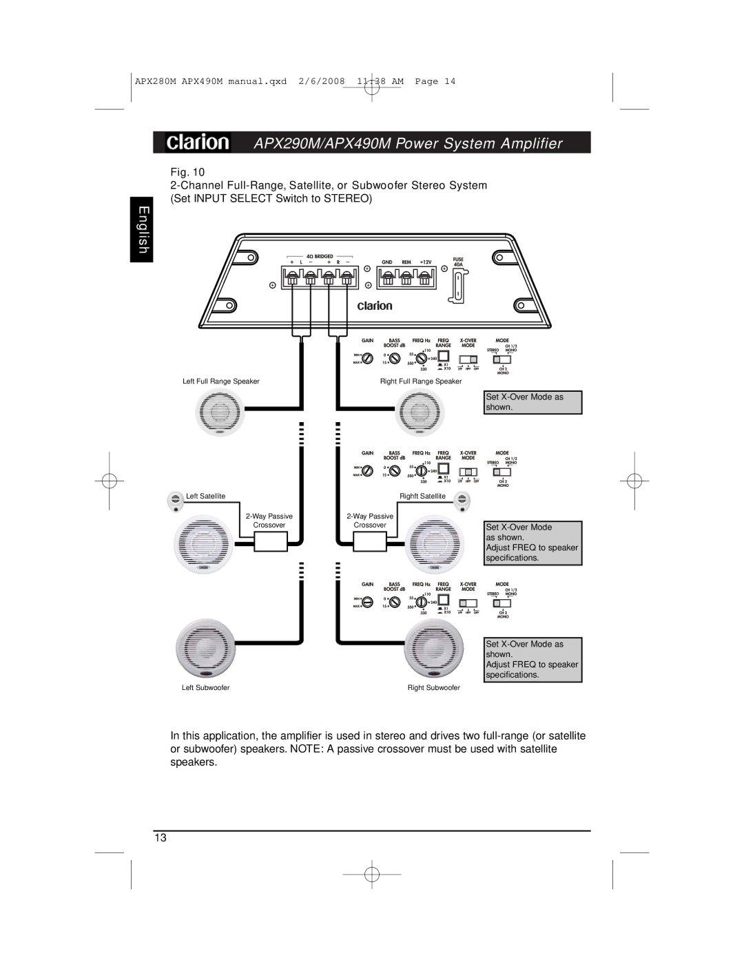 Clarion installation manual APX290M/APX490M Power System Amplifier 