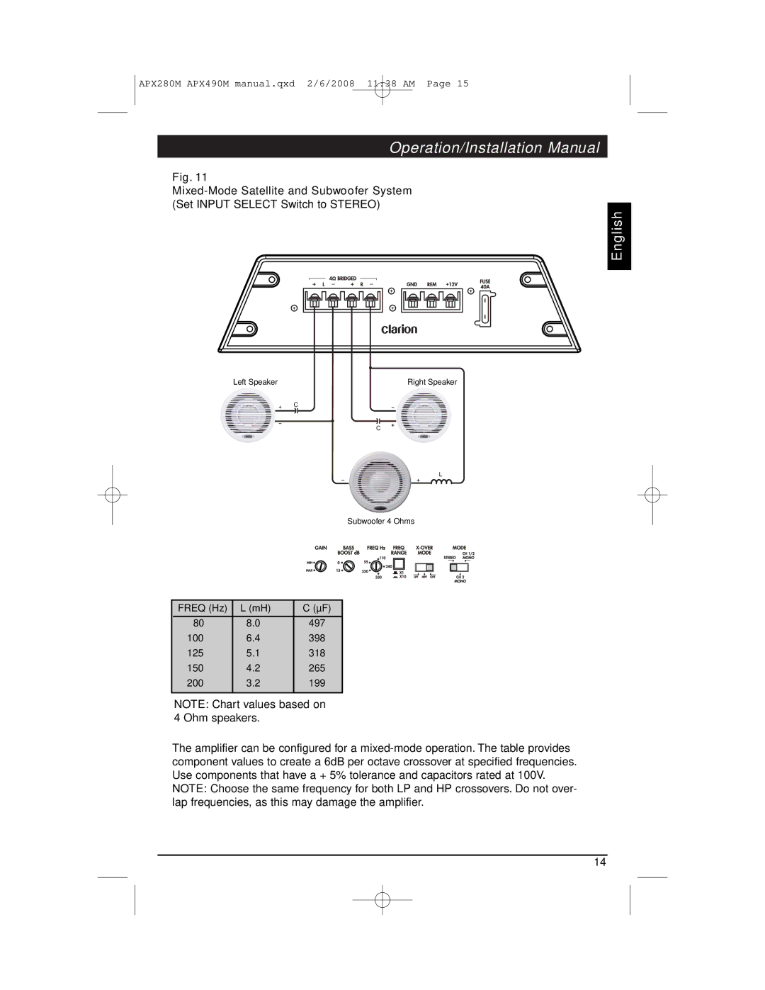 Clarion APX290M installation manual Freq Hz 497 100 398 125 318 150 265 200 199 