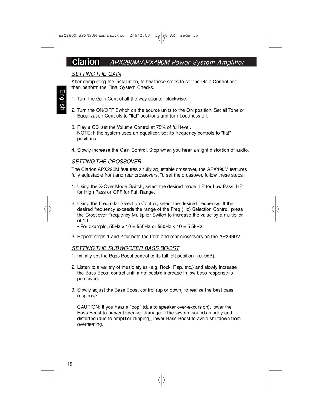 Clarion APX290M installation manual Setting the Gain, Setting the Crossover, Setting the Subwoofer Bass Boost 