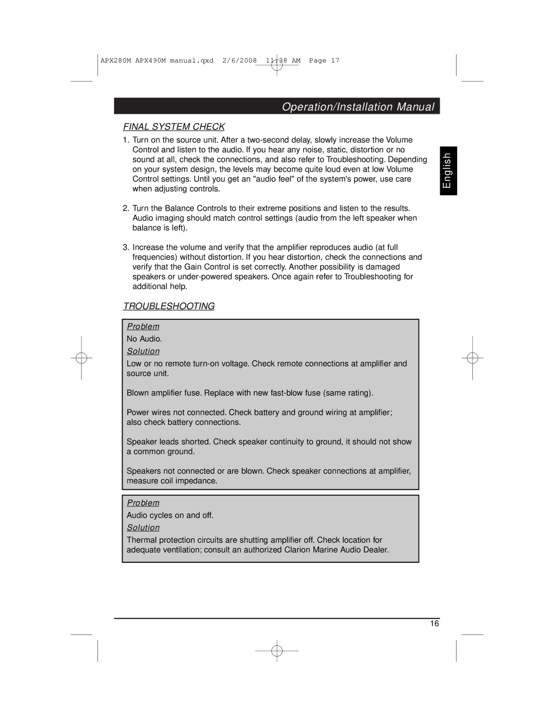 Clarion APX290M installation manual Final System Check, Troubleshooting 