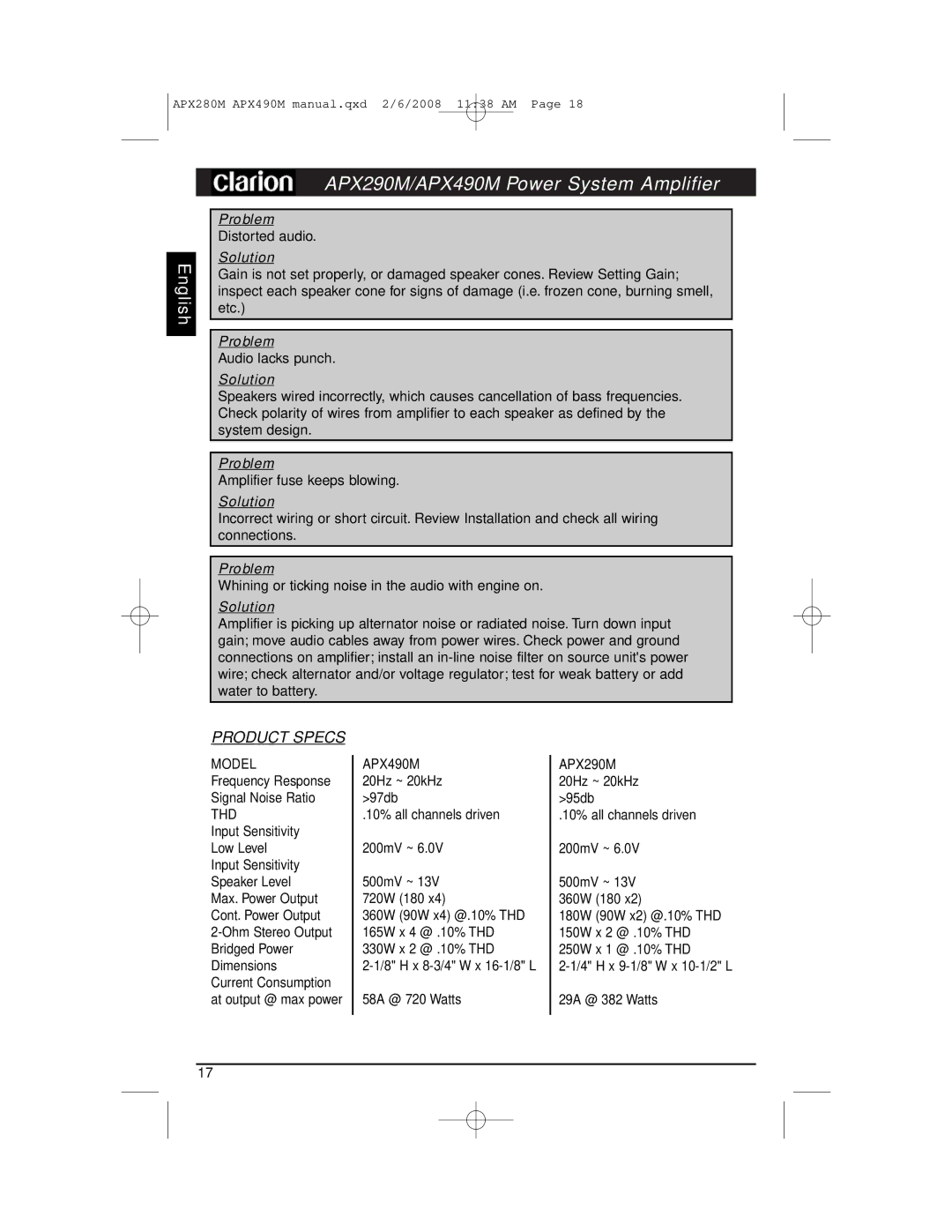 Clarion APX290M installation manual Product Specs, Thd 