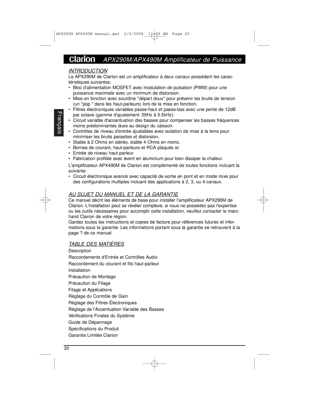 Clarion APX290M installation manual AU Sujet DU Manuel ET DE LA Garantie, Table DES Matières 