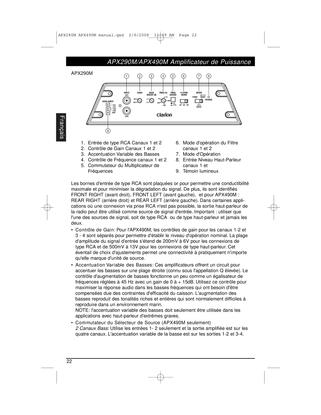 Clarion APX290M installation manual Entrée Niveau Haut-Parleur 