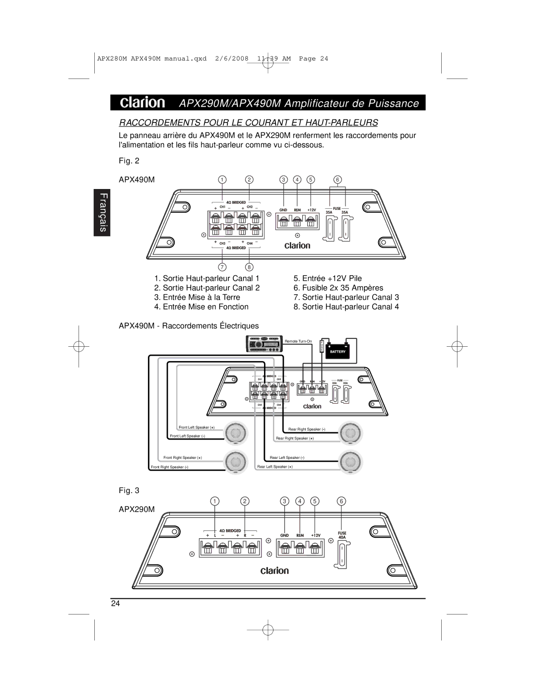 Clarion APX290M installation manual Raccordements Pour LE Courant ET HAUT-PARLEURS, APX490M Raccordements Électriques 