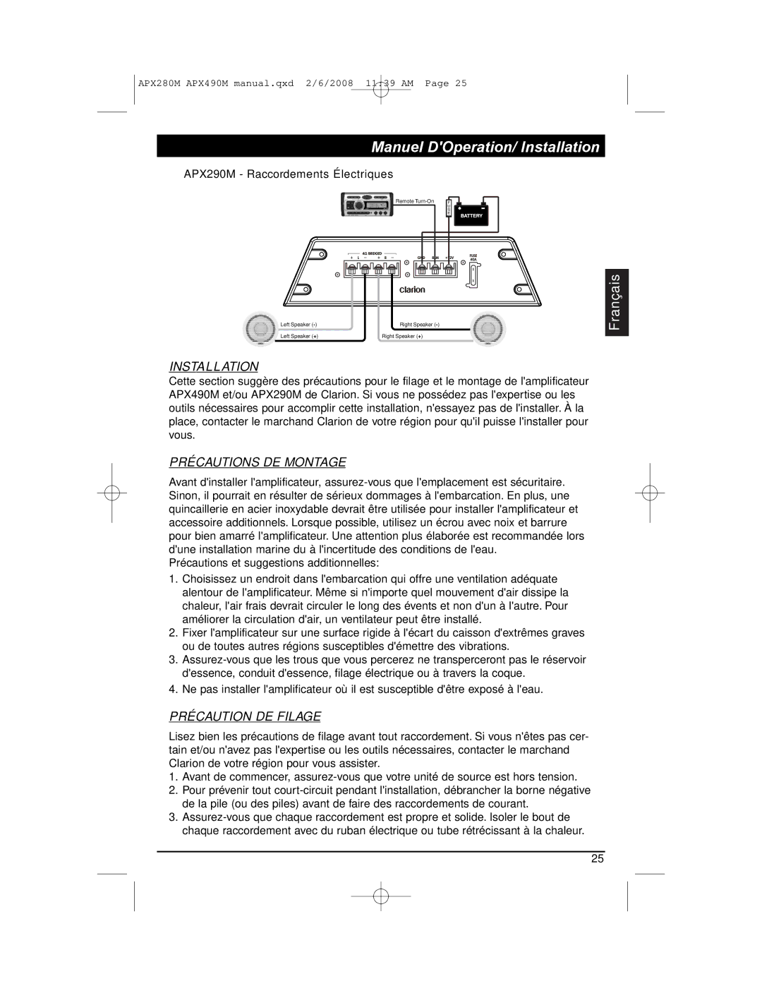 Clarion APX290M installation manual Préca Utions DE Montage, Préca Ution DE Filage 