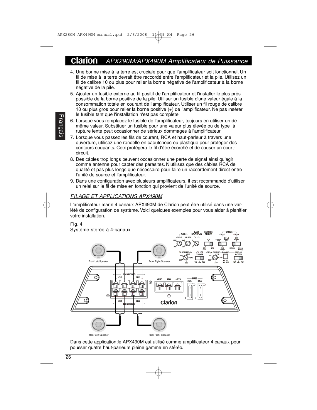 Clarion APX290M installation manual Filage ET Applications APX490M 