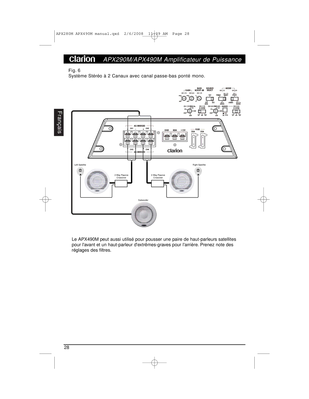 Clarion APX290M installation manual Système Stéréo à 2 Canaux a vec canal passe-bas ponté mono 