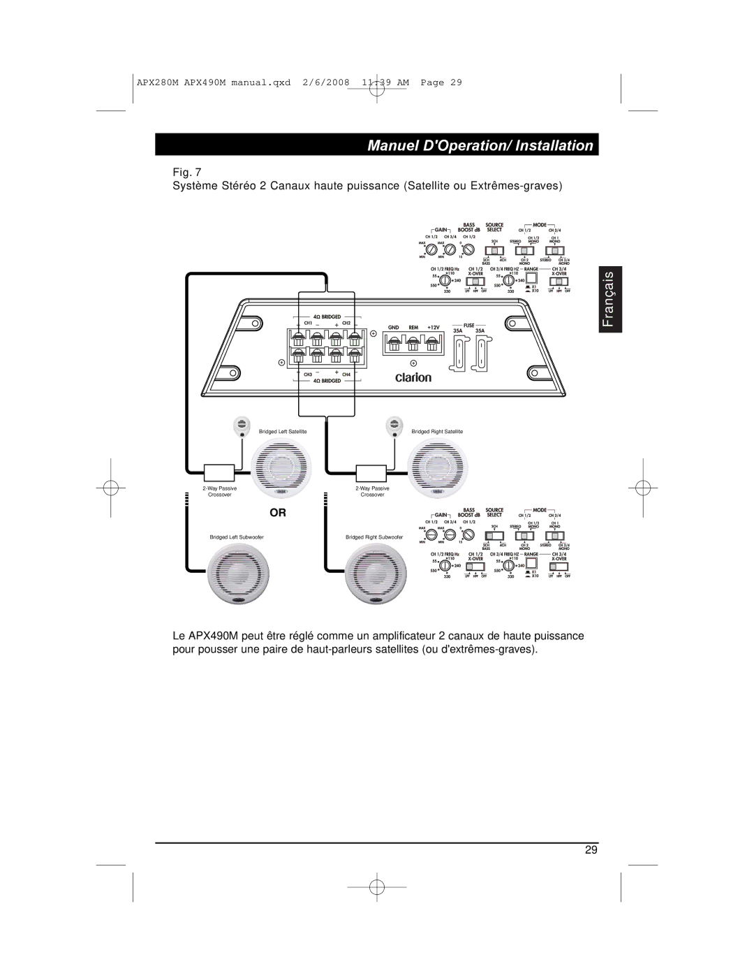 Clarion APX290M installation manual Bridged Left Satellite 