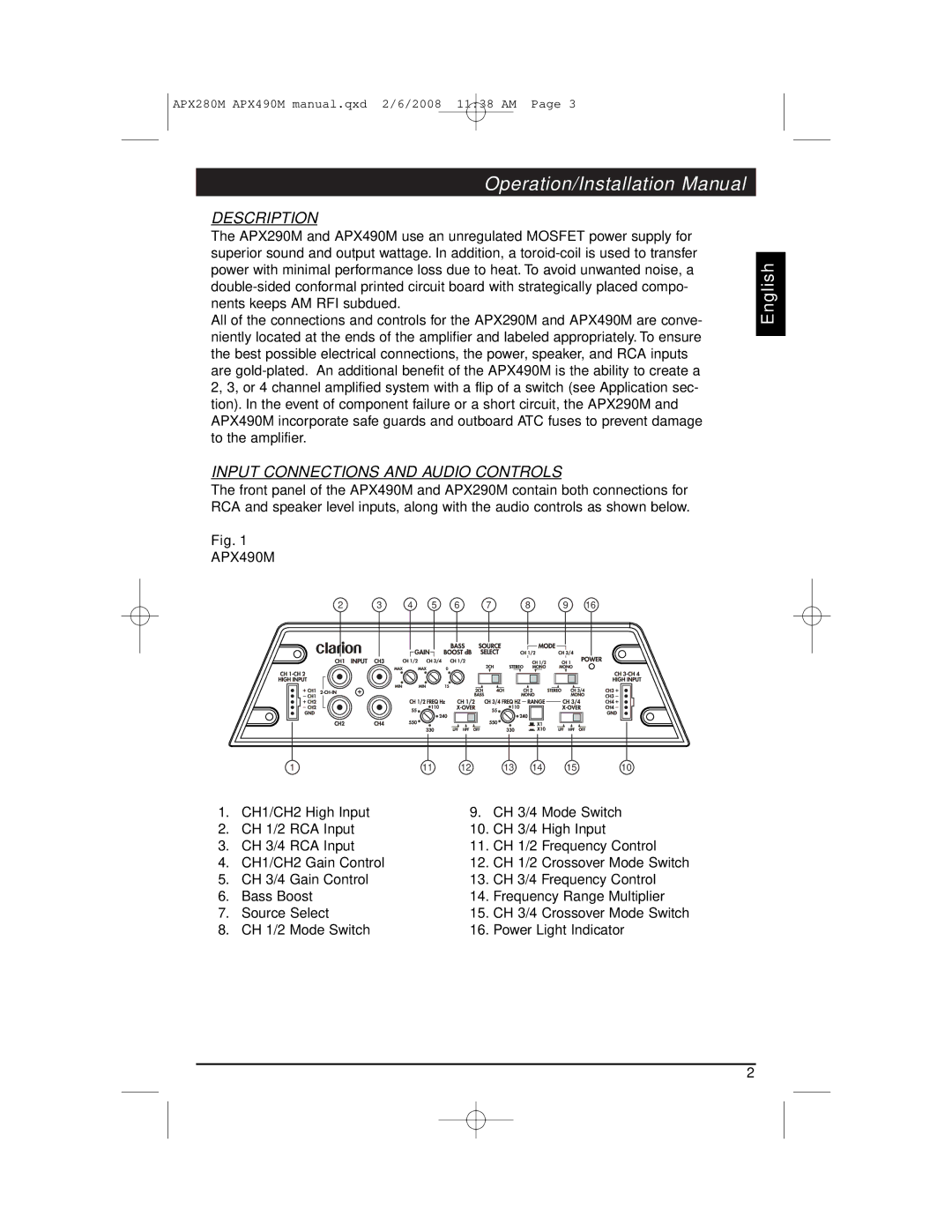 Clarion APX290M installation manual Description, Input Connections and Audio Controls 