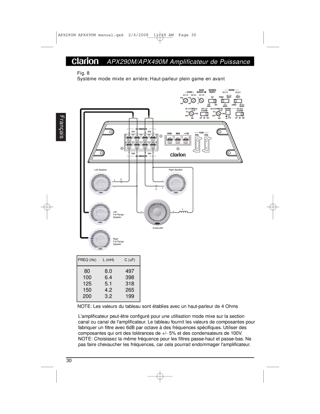 Clarion APX290M installation manual Left Speaker Right Speaker Full Range Subwoofer 