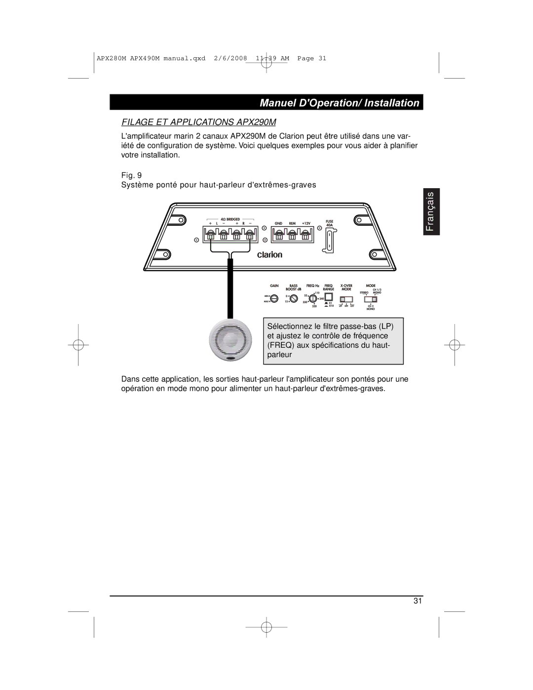 Clarion installation manual Filage ET Applications APX290M 