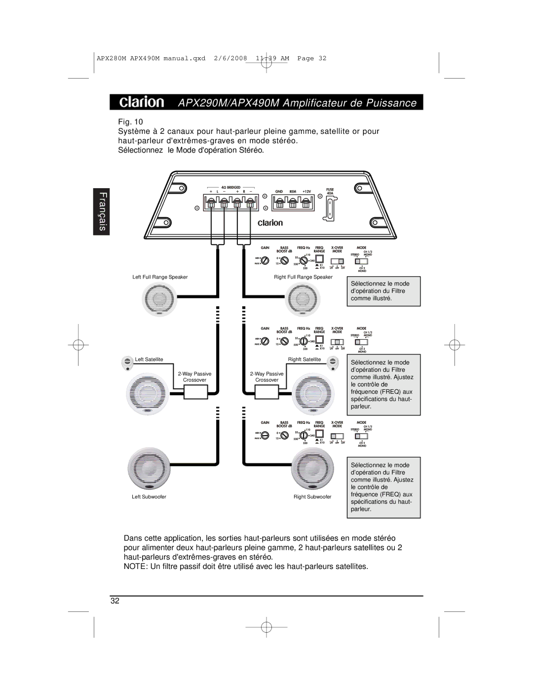 Clarion APX290M installation manual Sélectionnez le mode d’opération du Filtre comme illustré 