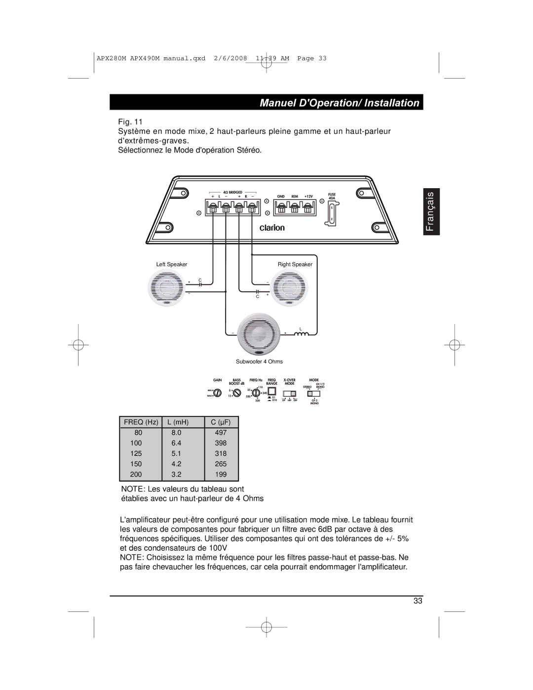 Clarion APX290M installation manual Freq Hz 497 100 398 125 318 150 265 200 199 