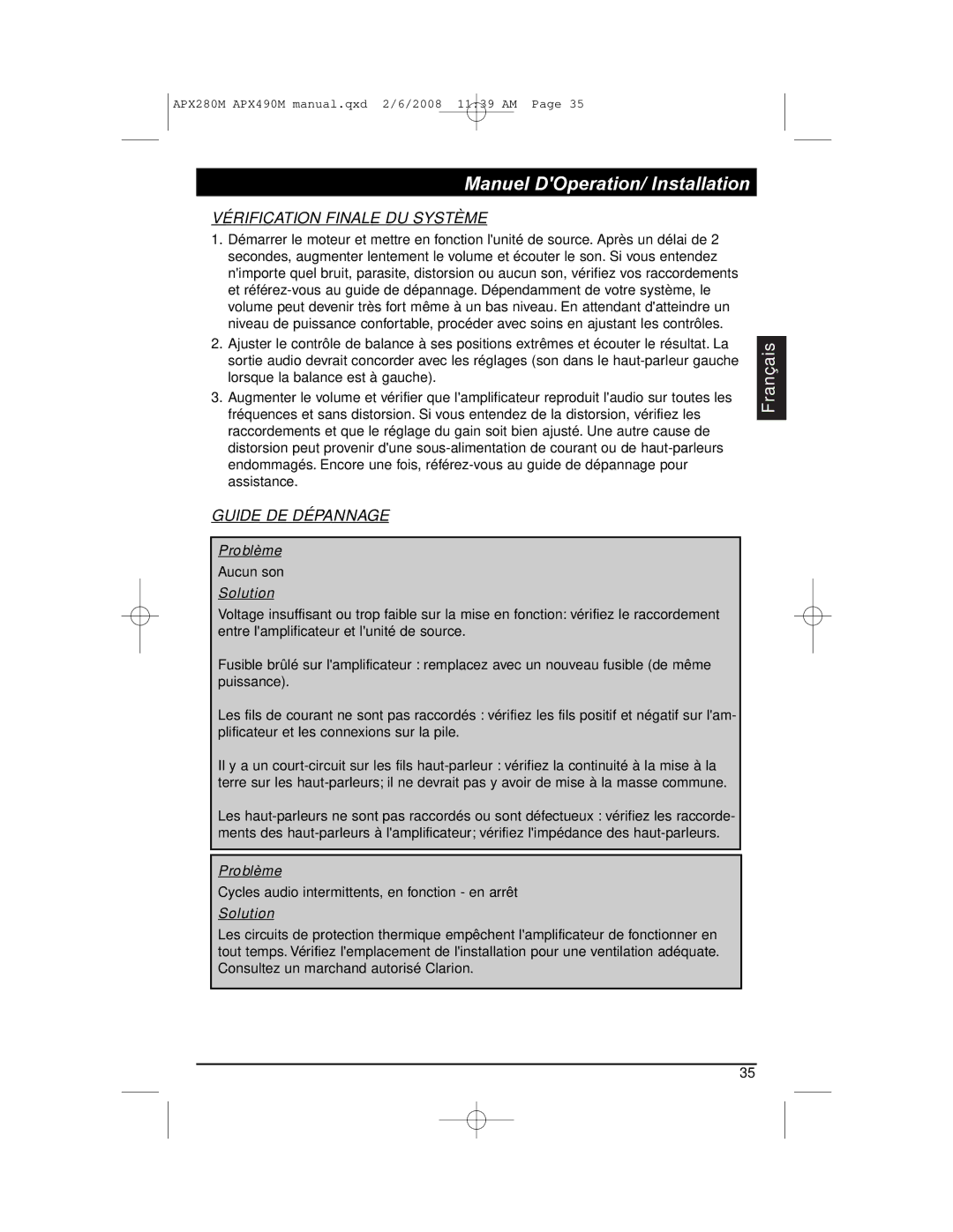 Clarion APX290M installation manual Vérification Finale DU Système, Guide DE Dépannage 