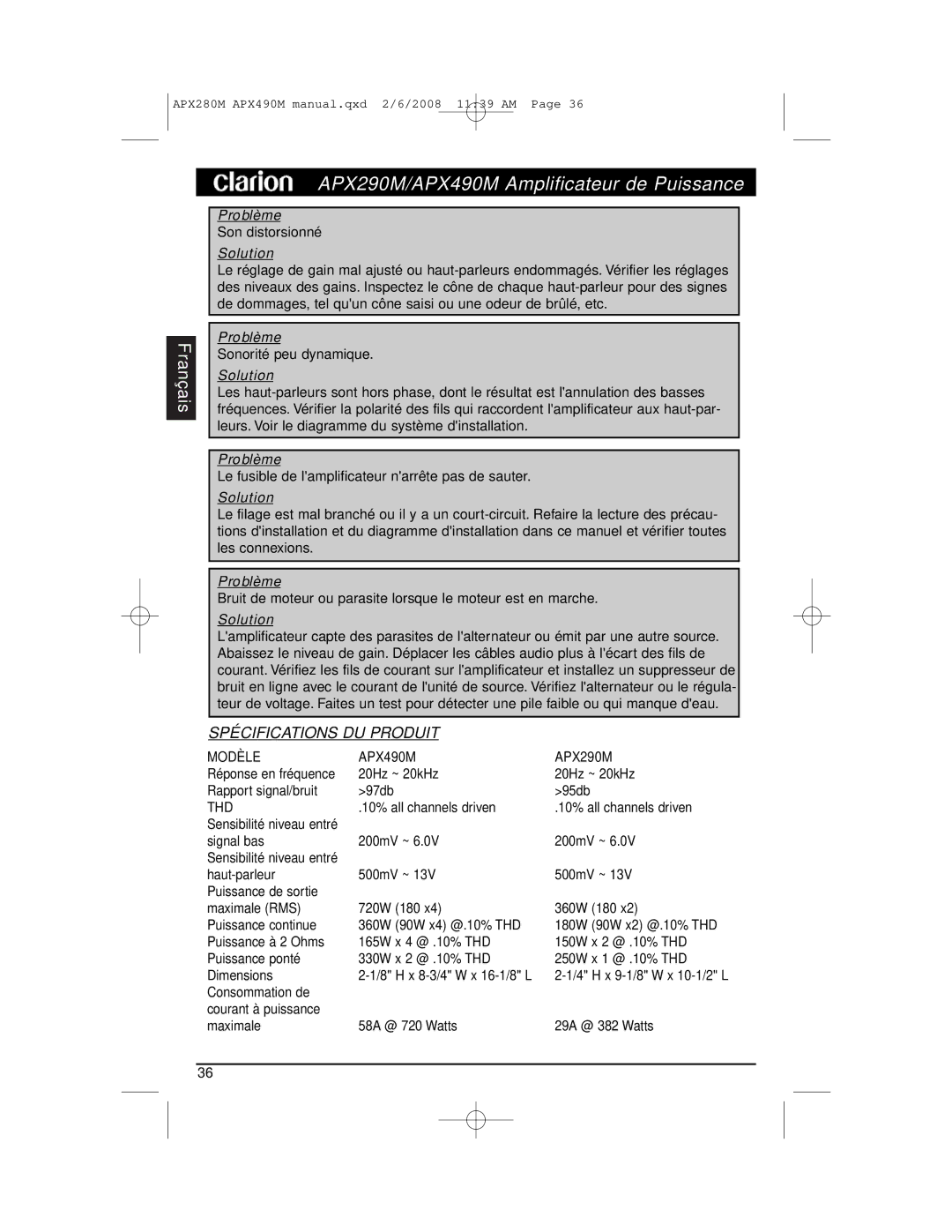 Clarion APX290M installation manual Spécifications DU Produit 