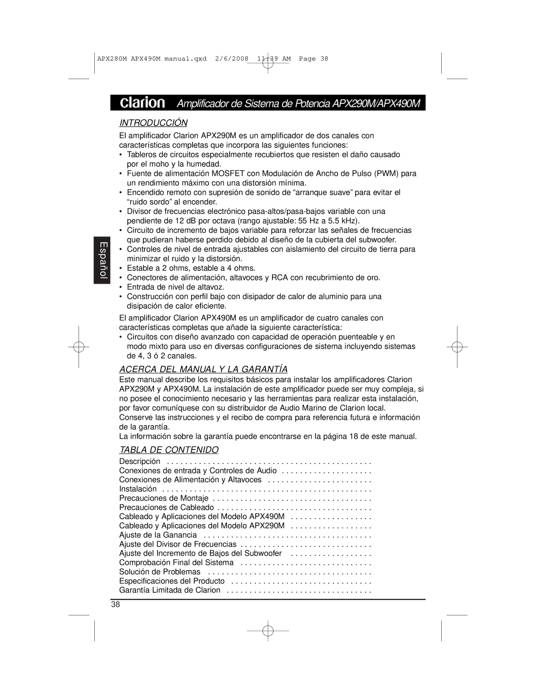 Clarion APX290M installation manual Introducción, Acerca DEL Manual Y LA Garantía, Tabla DE Contenido 