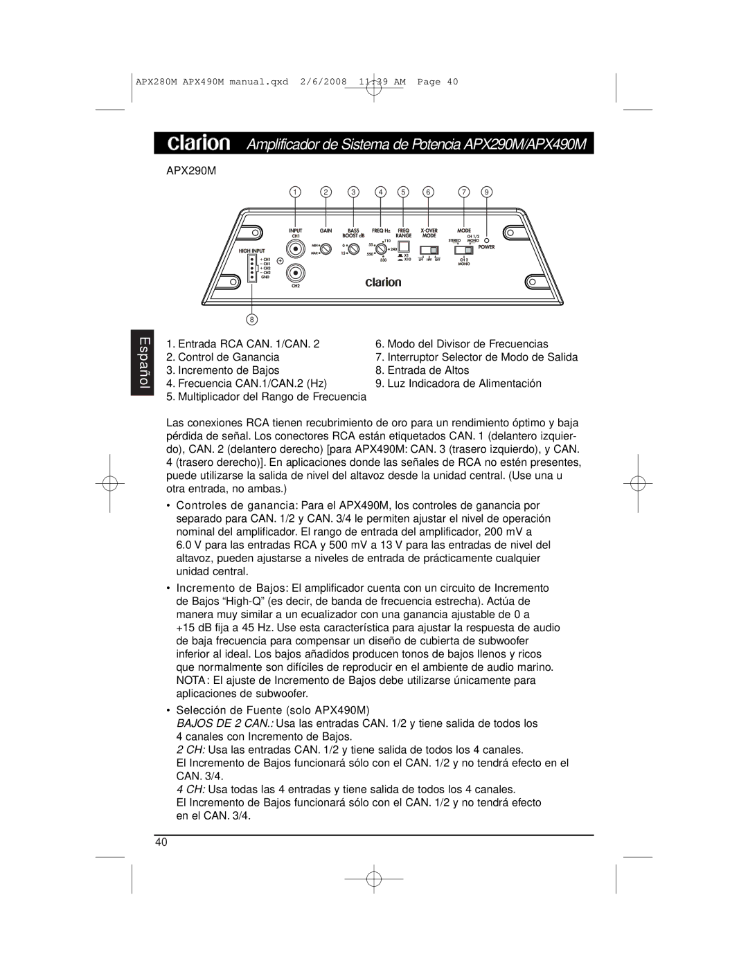 Clarion APX290M installation manual Interruptor Selector de Modo de Salida 