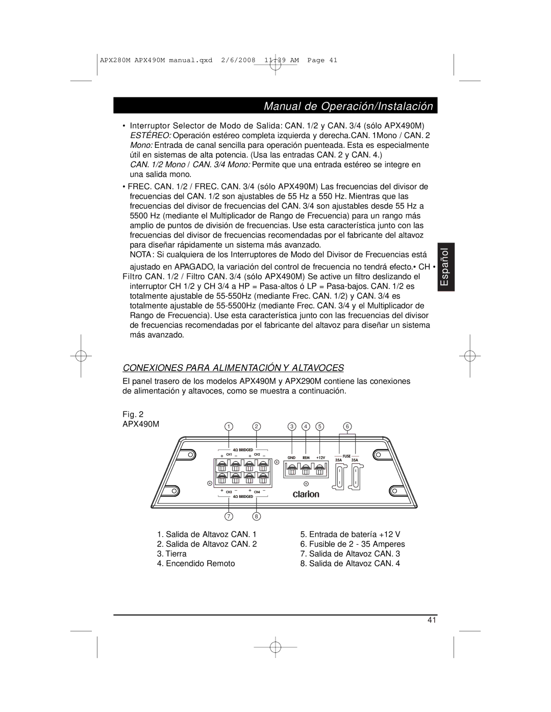 Clarion APX290M installation manual Conexiones Para Alimentación Y Altavoces 