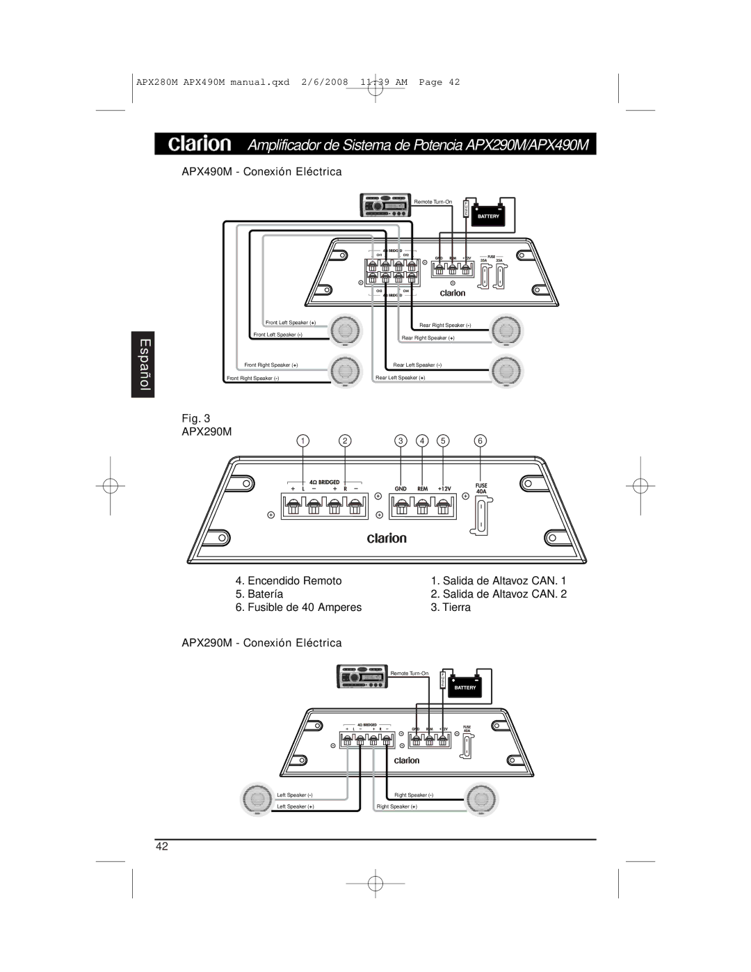 Clarion APX290M installation manual APX490M Conexión Eléctrica 