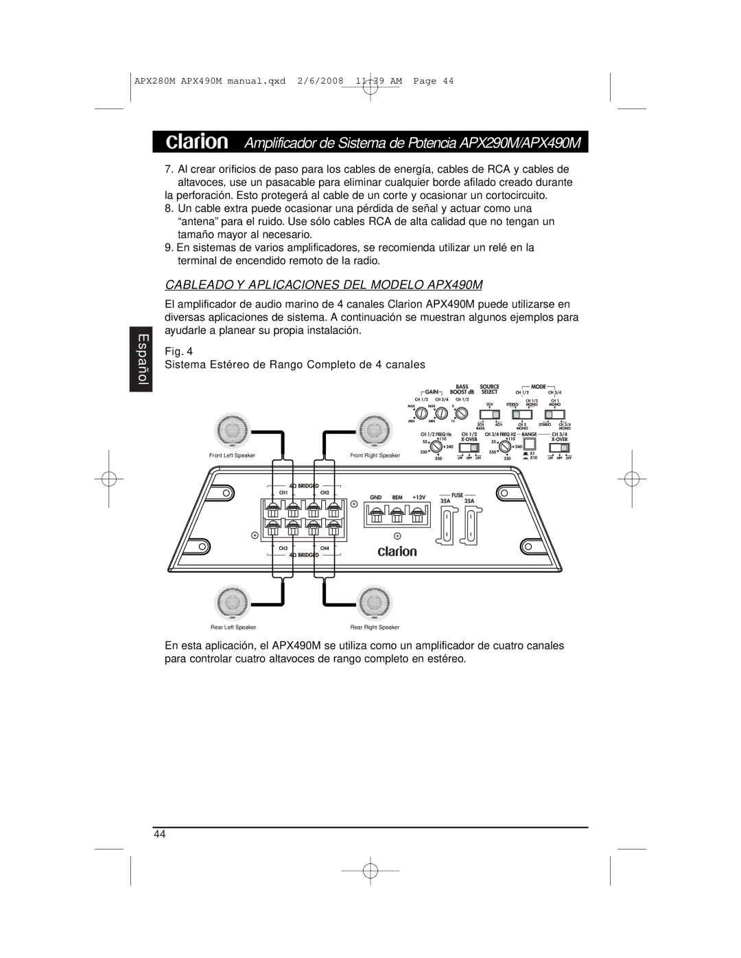 Clarion APX290M installation manual Cableado Y Aplicaciones DEL Modelo APX490M 