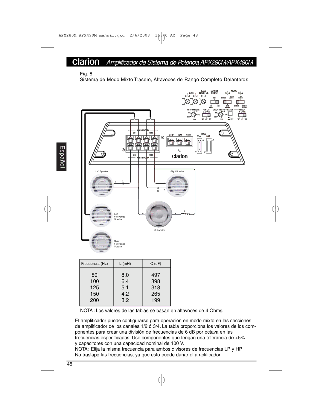 Clarion APX290M installation manual 497 100 398 125 318 150 265 200 199 