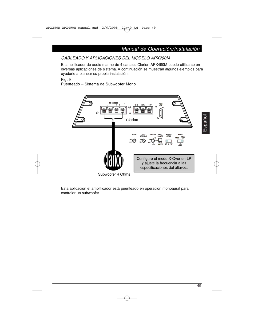 Clarion installation manual Cableado Y Aplicaciones DEL Modelo APX290M 