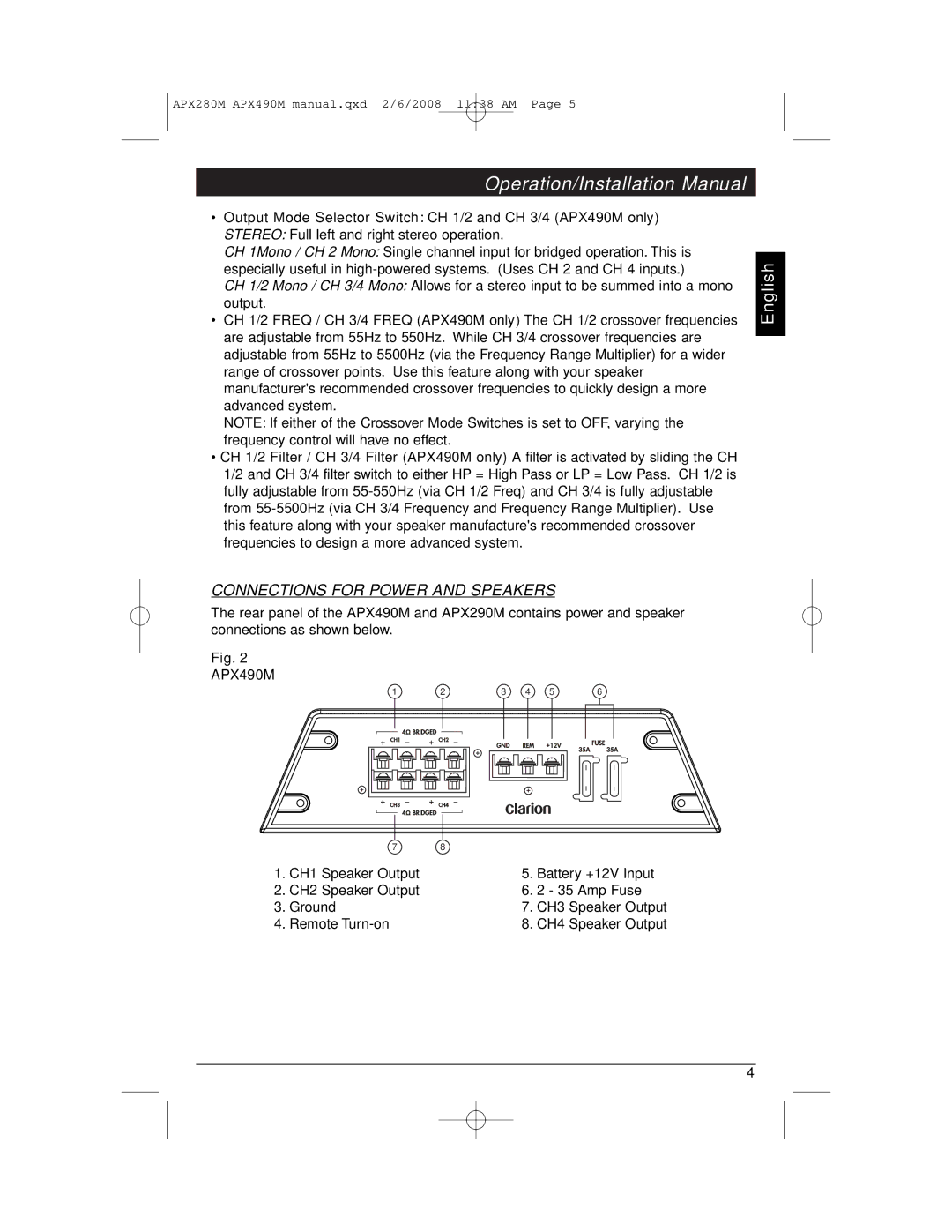 Clarion APX290M installation manual Connections for Power and Speakers 