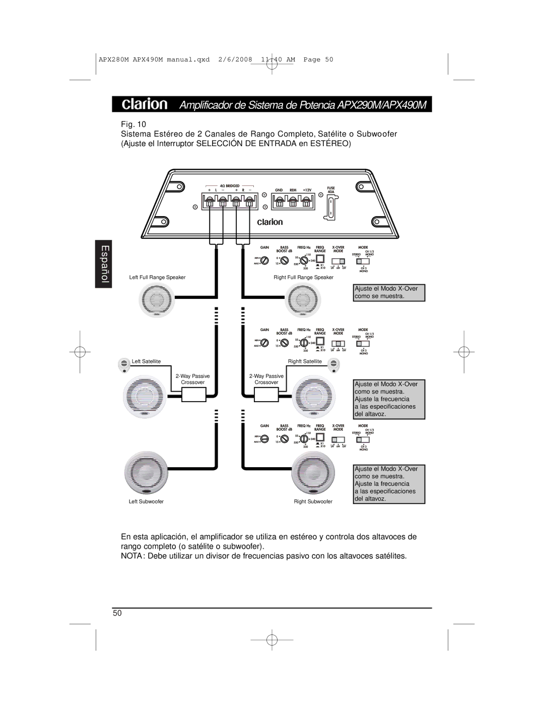 Clarion installation manual Amplificador de Sistema de Potencia APX290M/APX490M 