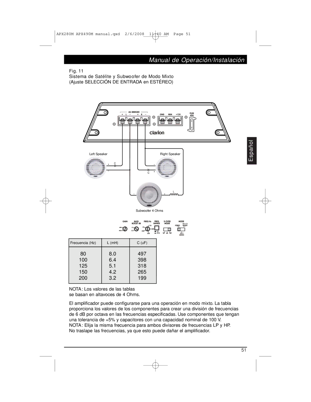 Clarion APX290M installation manual Frecuencia Hz 