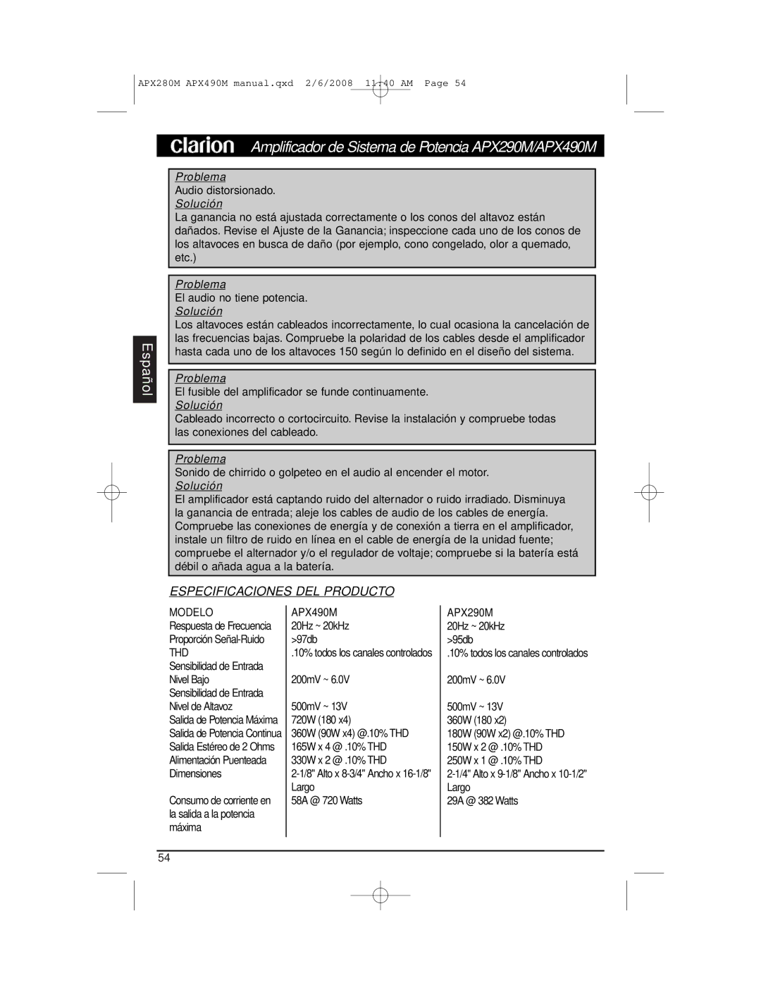 Clarion APX290M installation manual Especificaciones DEL Producto, Pro blema 