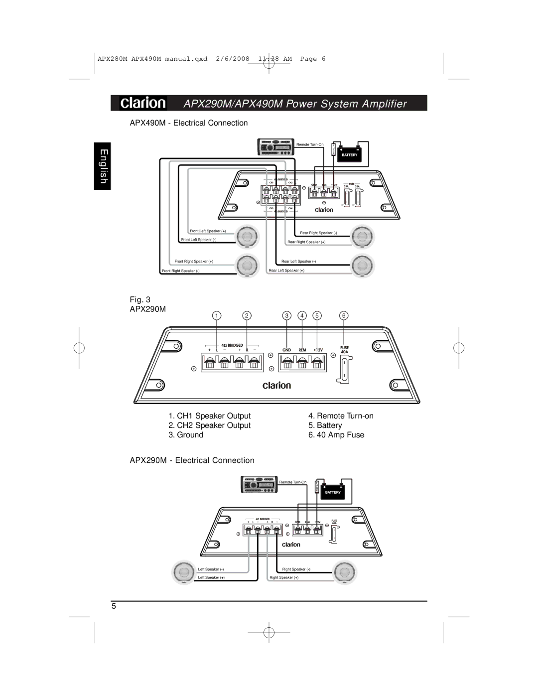 Clarion APX290M installation manual CH1 Speaker Output 