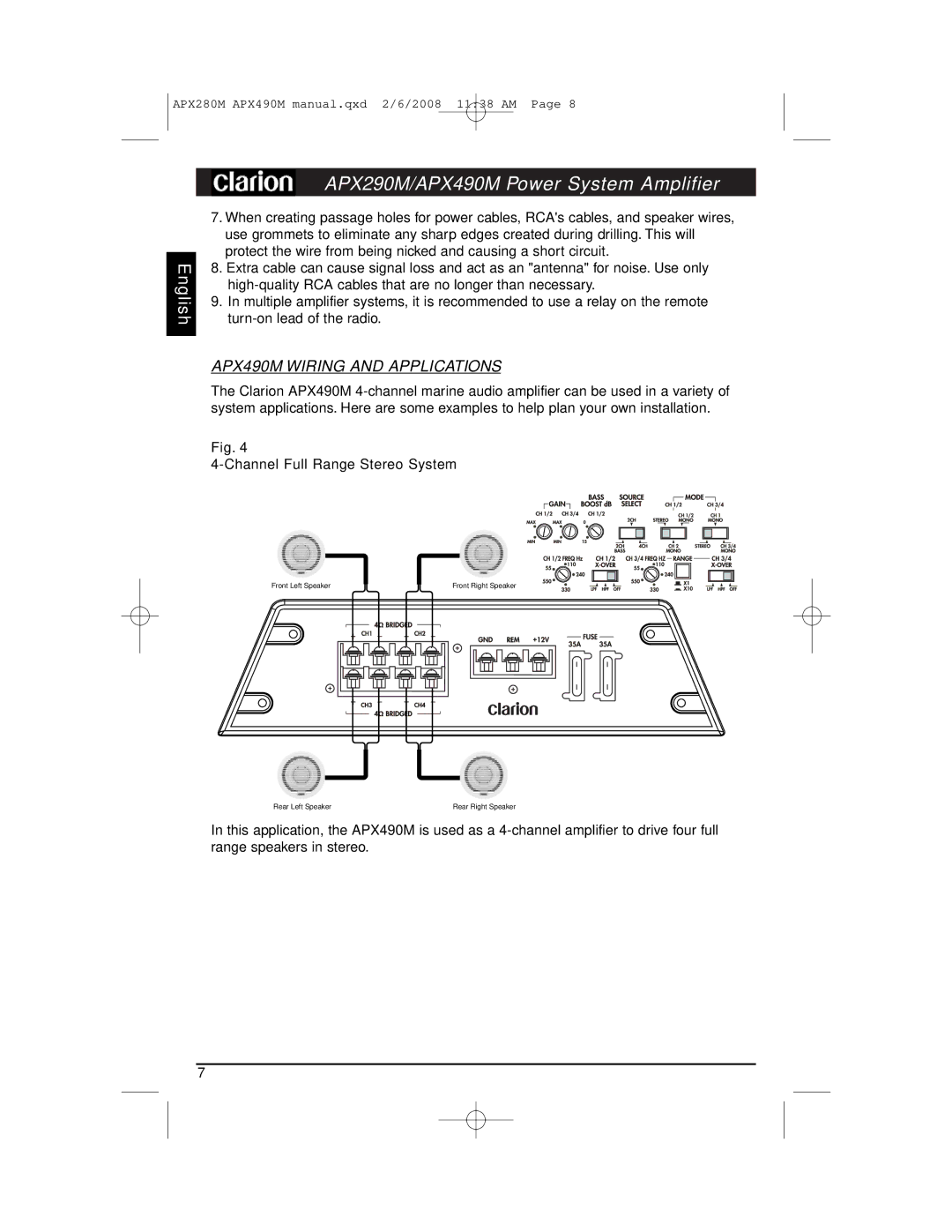 Clarion APX290M installation manual APX490M Wiring and Applications 