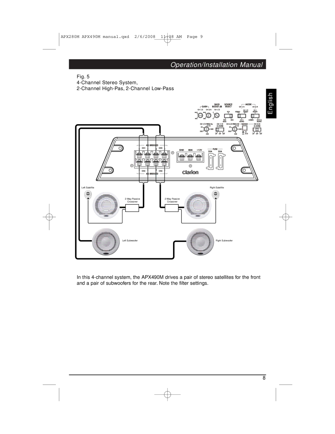 Clarion APX290M installation manual Channel Stereo System Channel High-Pas, 2-Channel Low-Pass 