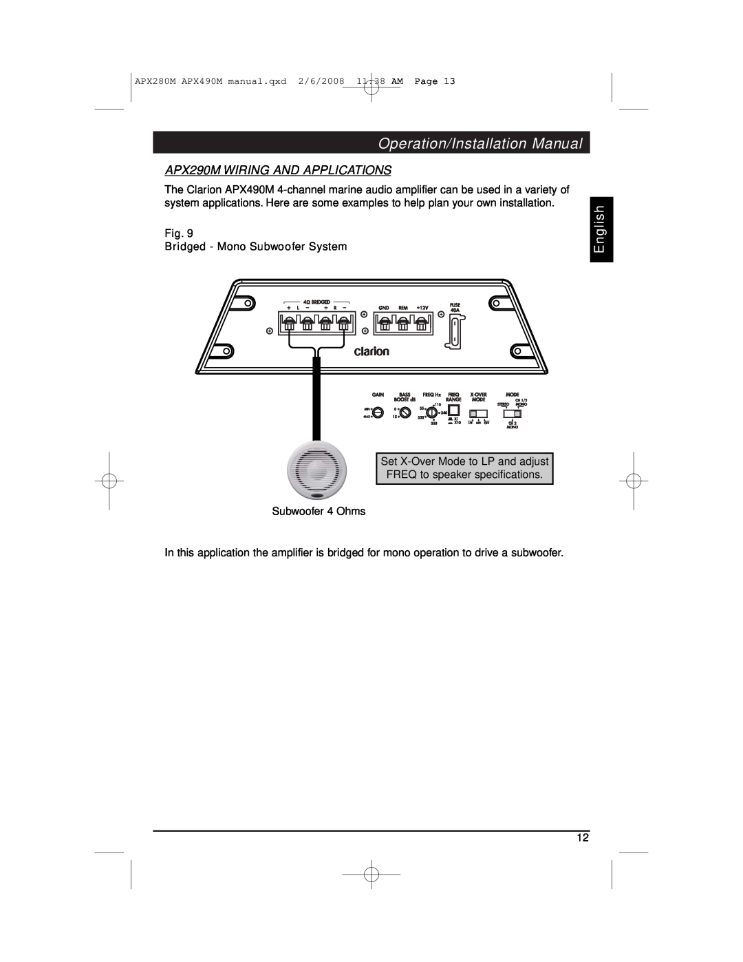 Clarion APX290M WIRING AND APPLICATIONS, Operation/Installation Manual, English, Fig. Bridged - Mono Subwoofer System 