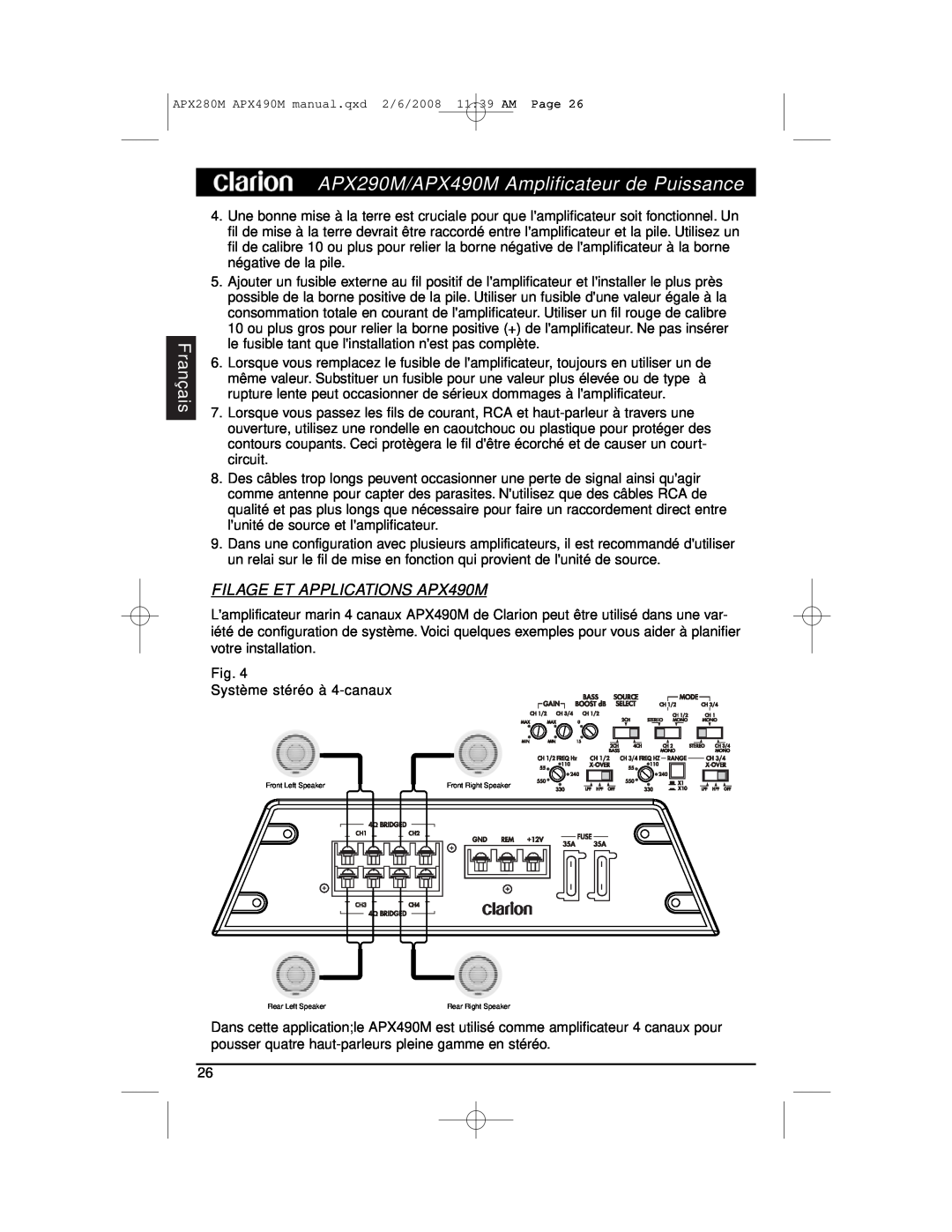 Clarion installation manual FILAGE ET APPLICATIONS APX490M, APX290M/APX490M Amplificateur de Puissance, Français 
