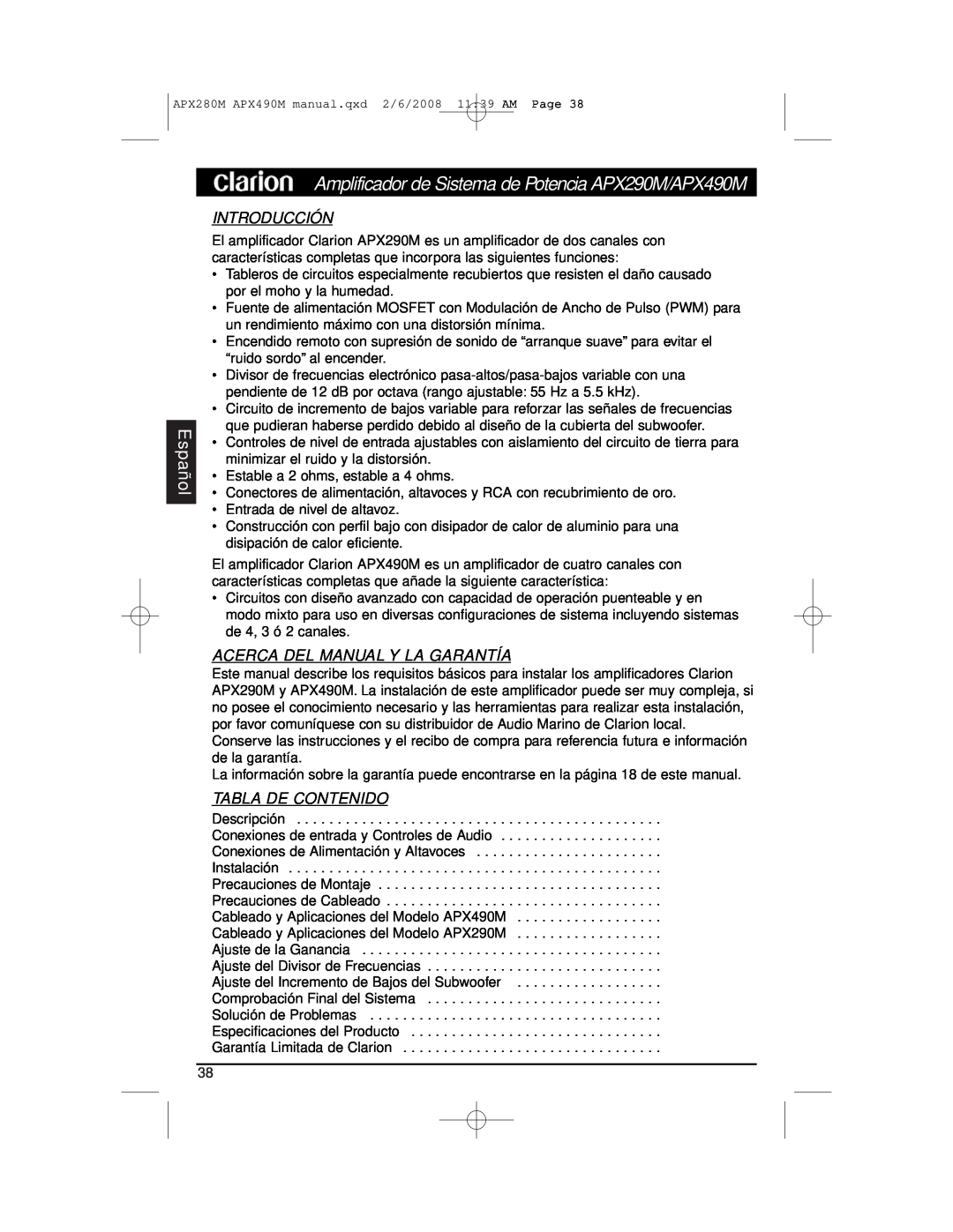 Clarion APX290M installation manual Español, Introducción, Acerca Del Manual Y La Garantía, Tabla De Contenido 