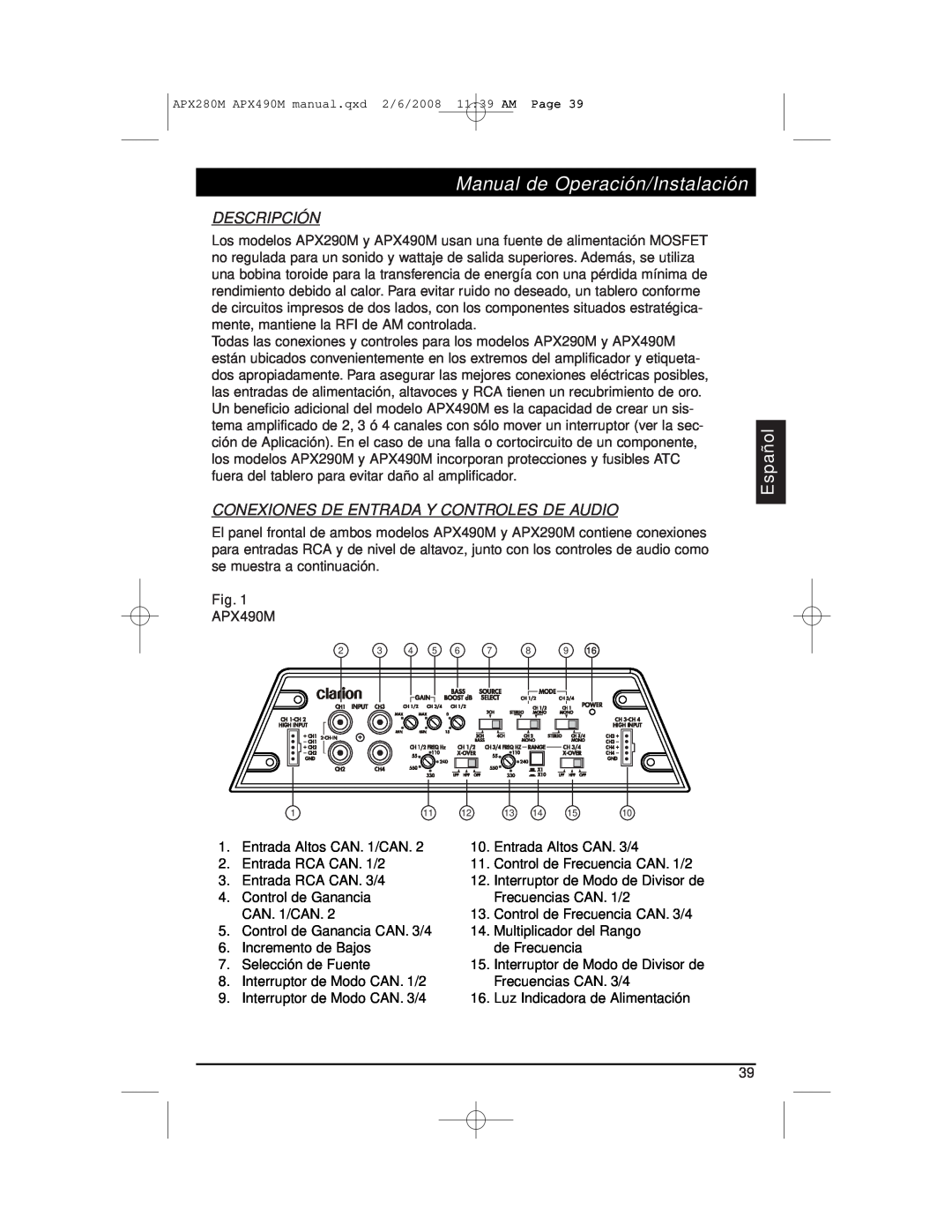 Clarion APX290M Manual de Operación/Instalación, Descripción, Conexiones De Entrada Y Controles De Audio, Español 