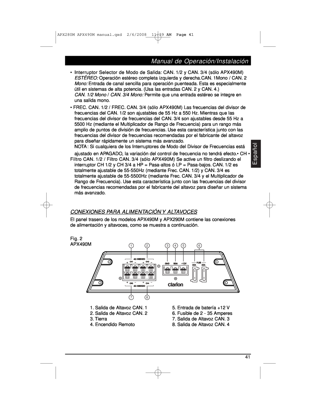 Clarion APX290M installation manual Conexiones Para Alimentación Y Altavoces, Manual de Operación/Instalación, Español 