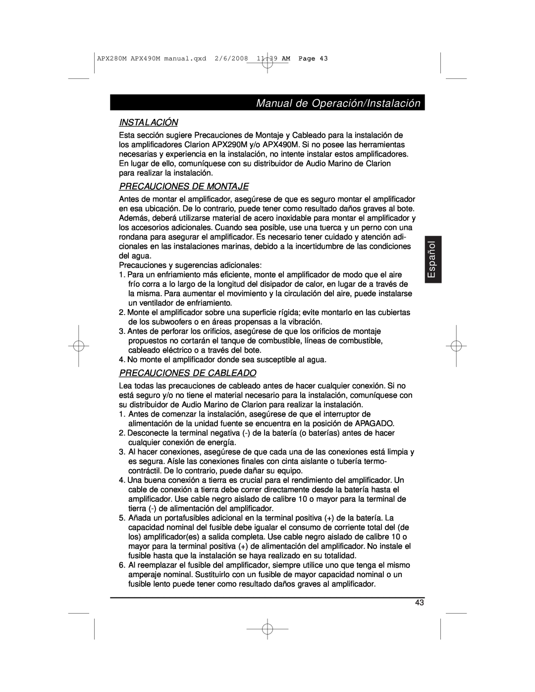 Clarion APX290M Precauciones De Montaje, Precauciones De Cableado, Manual de Operación/Instalación, Español 