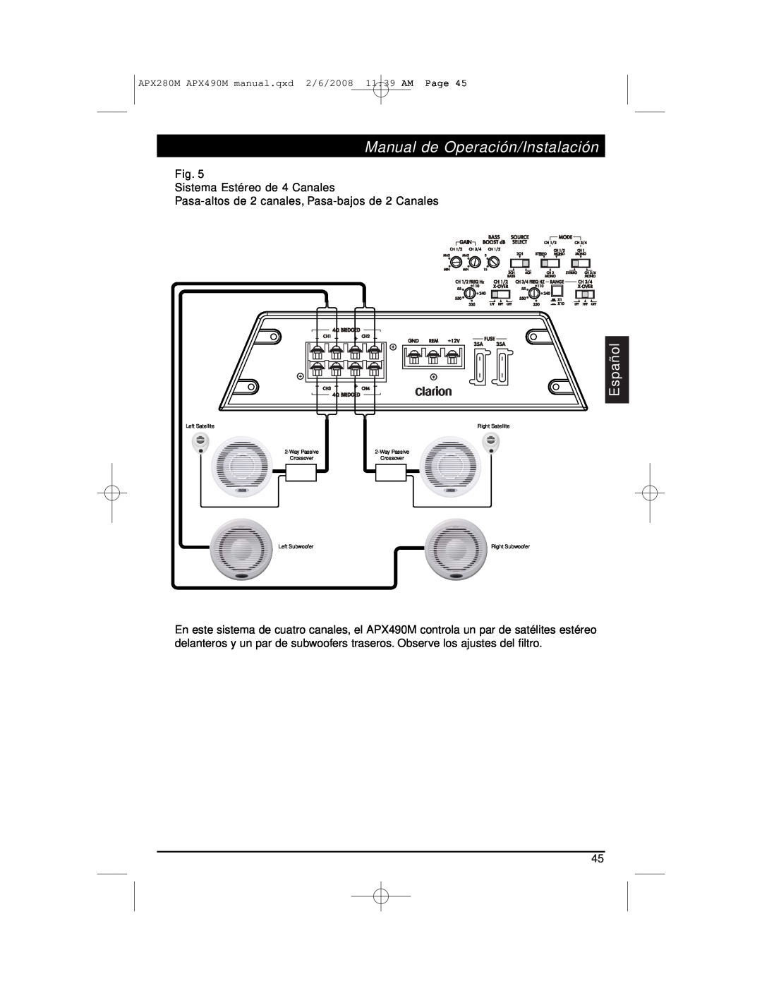 Clarion APX290M installation manual Manual de Operación/Instalación, Español, Fig. Sistema Estéreo de 4 Canales 
