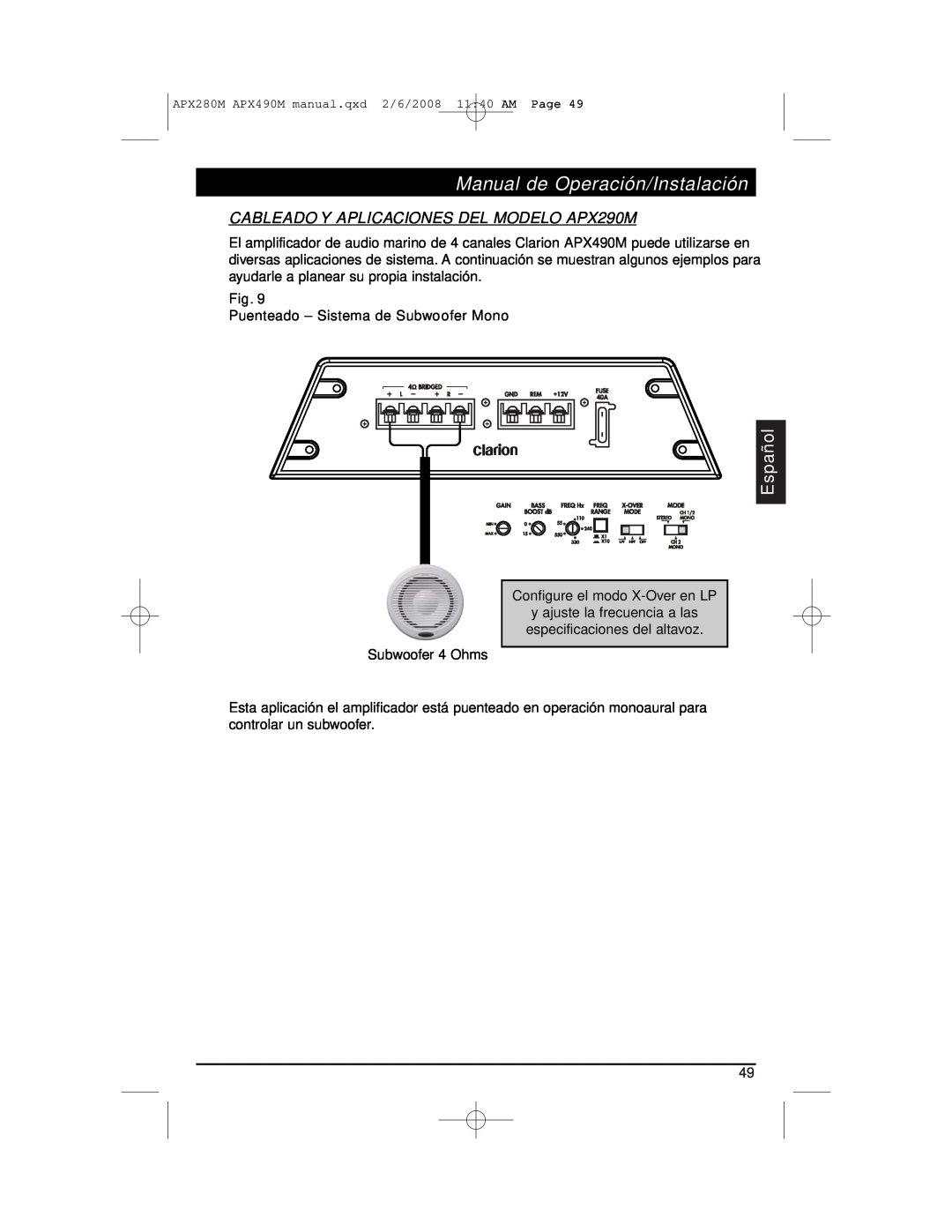 Clarion installation manual CABLEADO Y APLICACIONES DEL MODELO APX290M, Manual de Operación/Instalación, Español 