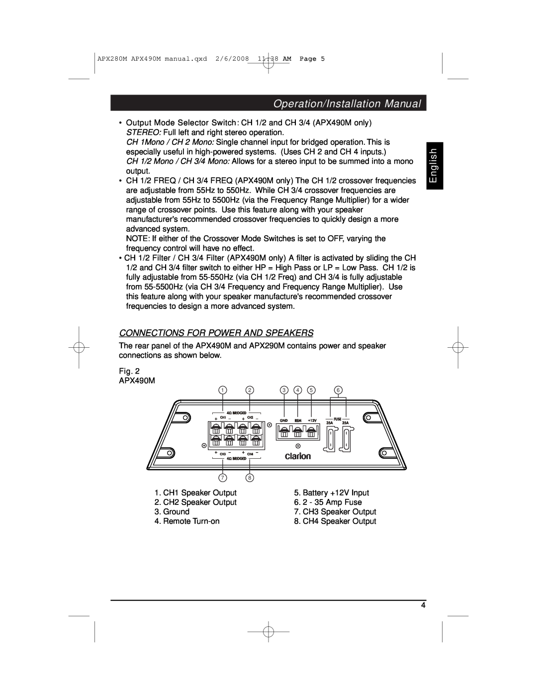 Clarion APX290M installation manual Connections For Power And Speakers, Operation/Installation Manual, English 