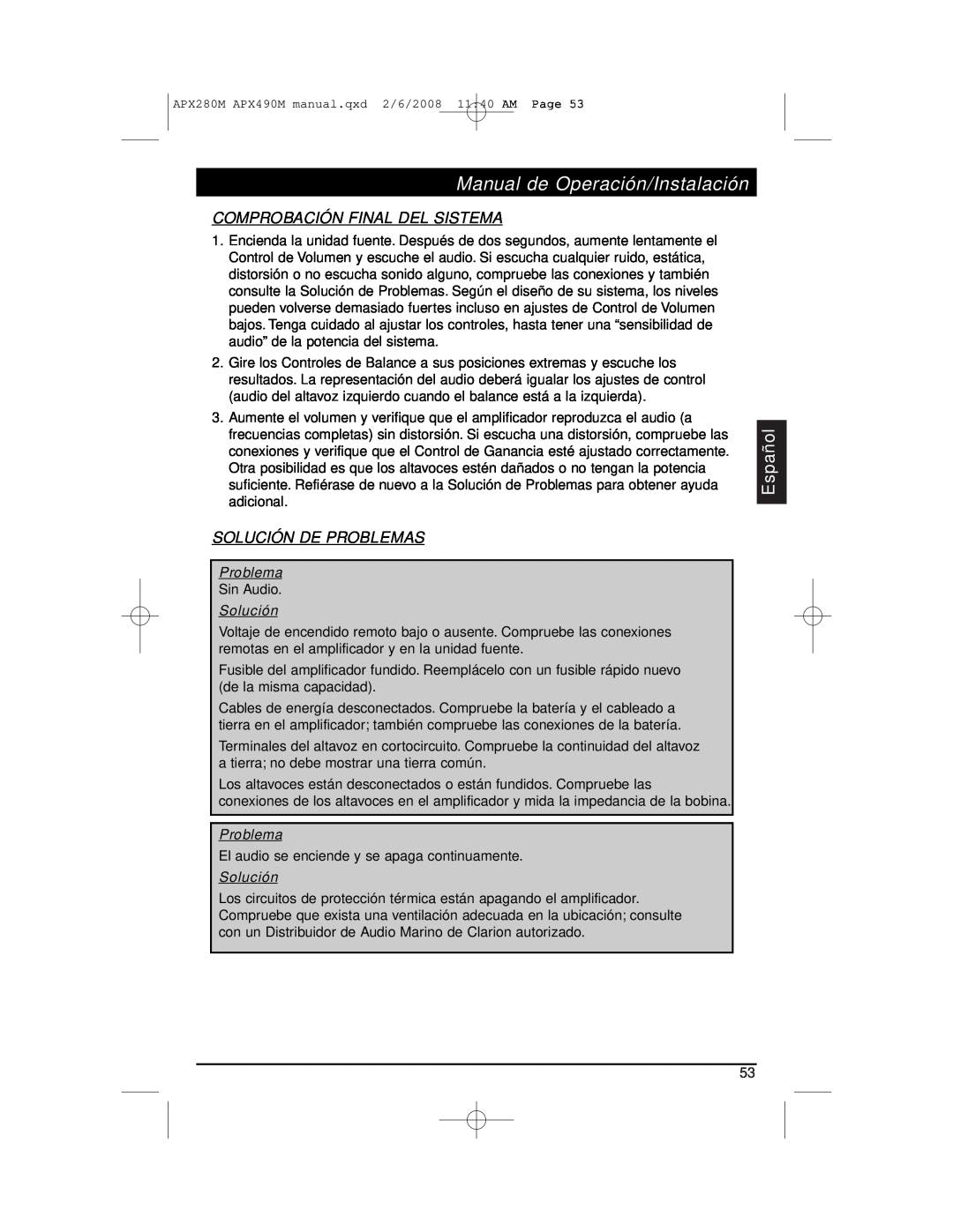 Clarion APX290M Comprobación Final Del Sistema, Solución De Pr Oblemas, Problema, Manual de Operación/Instalación, Español 