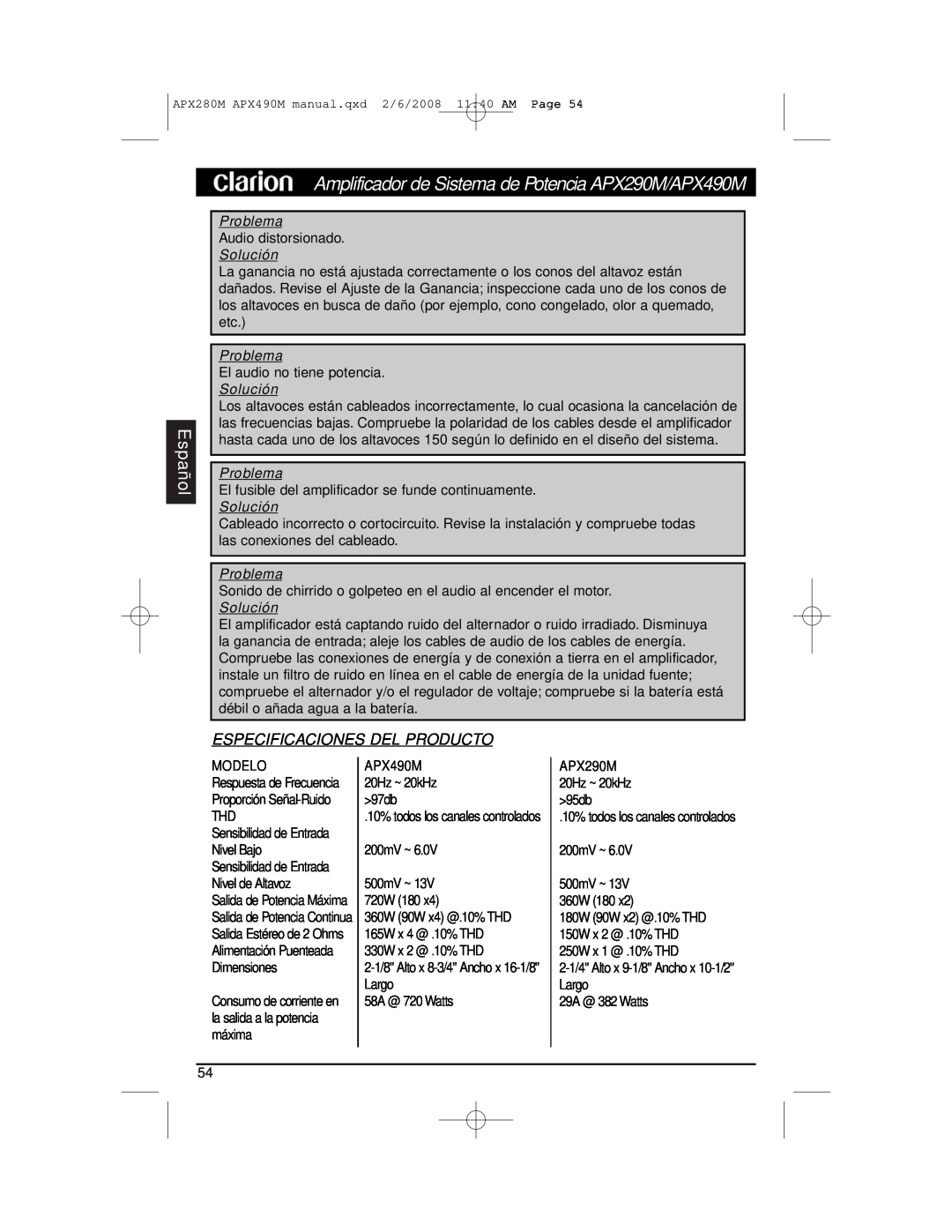 Clarion APX290M installation manual Especificaciones Del Producto, Pro blema, Español, Problema 