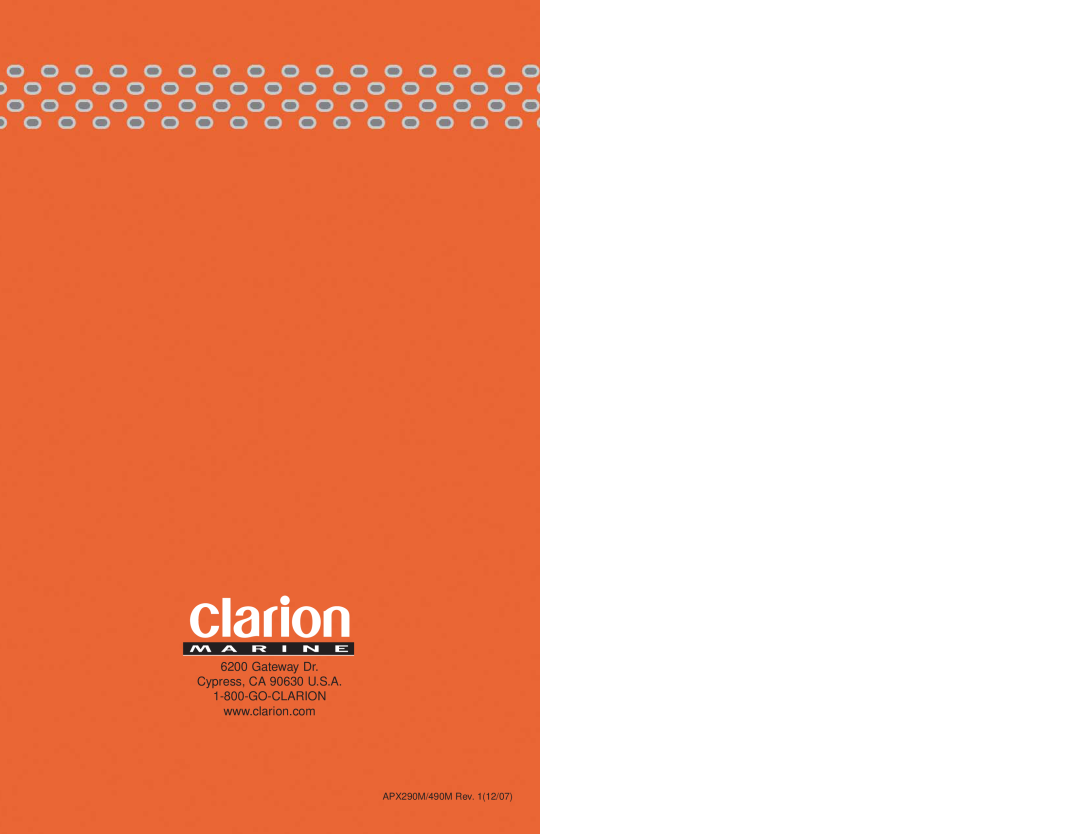 Clarion installation manual Gateway Dr Cypress, CA 90630 U.S.A, APX290M/490M Rev. 112/07 