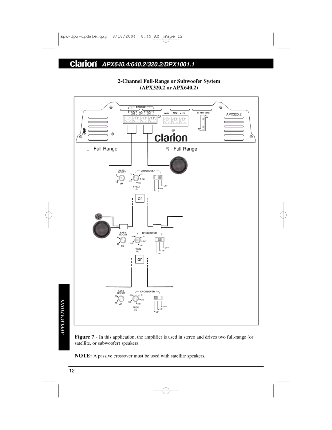 Clarion DPX1001.1, APX640.4 installation manual Channel Full-Range or Subwoofer System APX320.2 or APX640.2, Full Range 