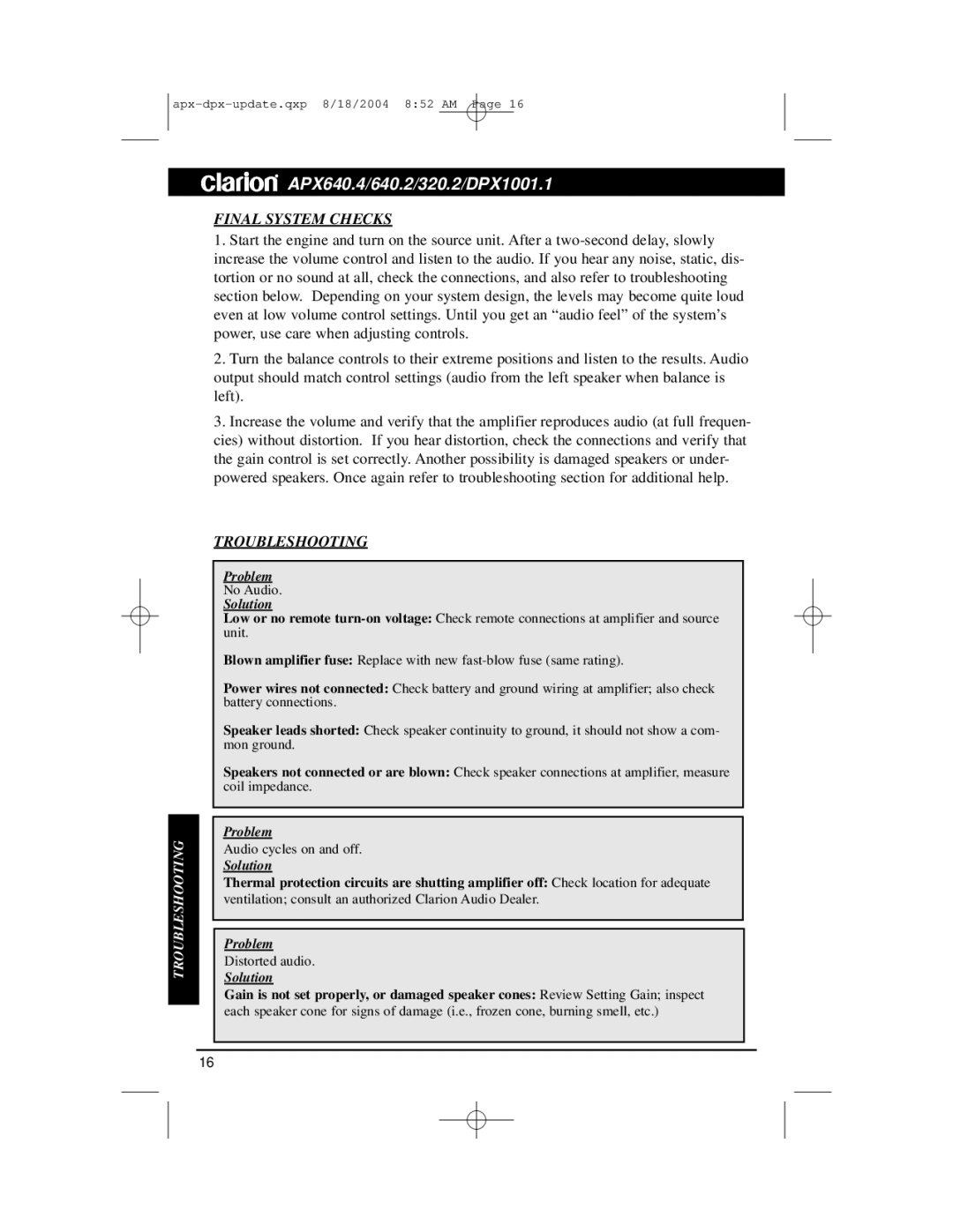 Clarion APX320.2, DPX1001.1, APX640.4, APX640.2 installation manual Final System Checks, Troubleshooting 