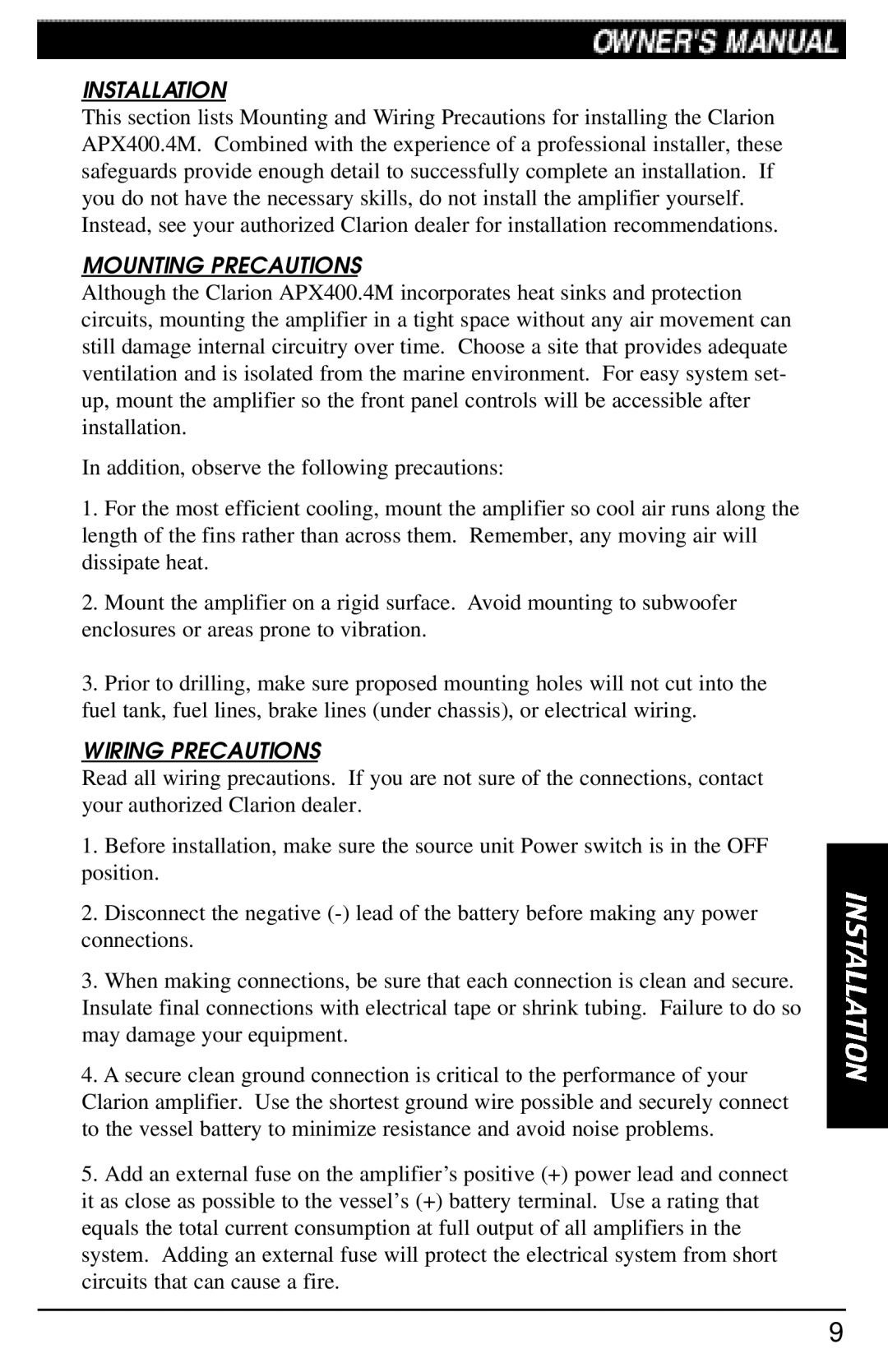 Clarion APX400 manual Installation, Mounting Precautions, Wiring Precautions 