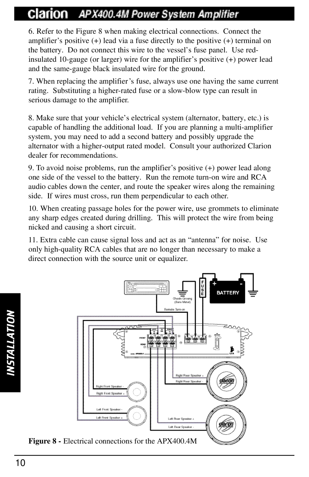 Clarion manual Electrical connections for the APX400.4M 