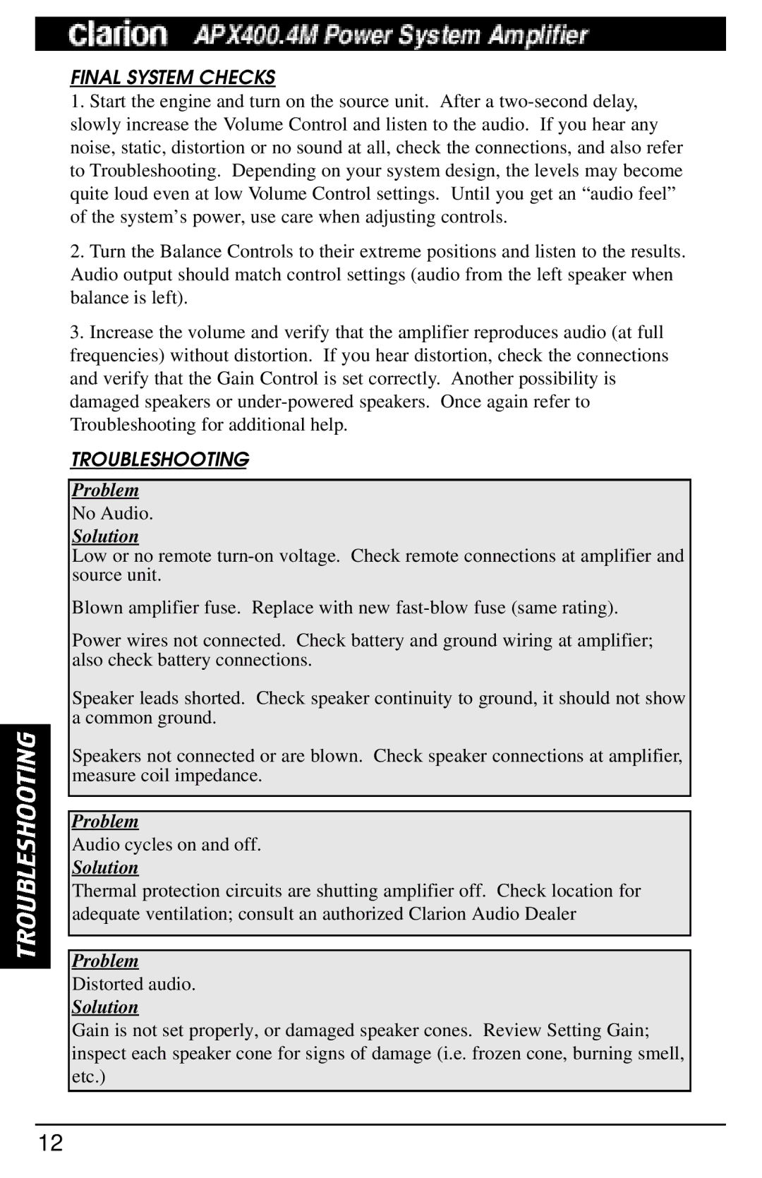 Clarion APX400 manual Final System Checks, Troubleshooting 